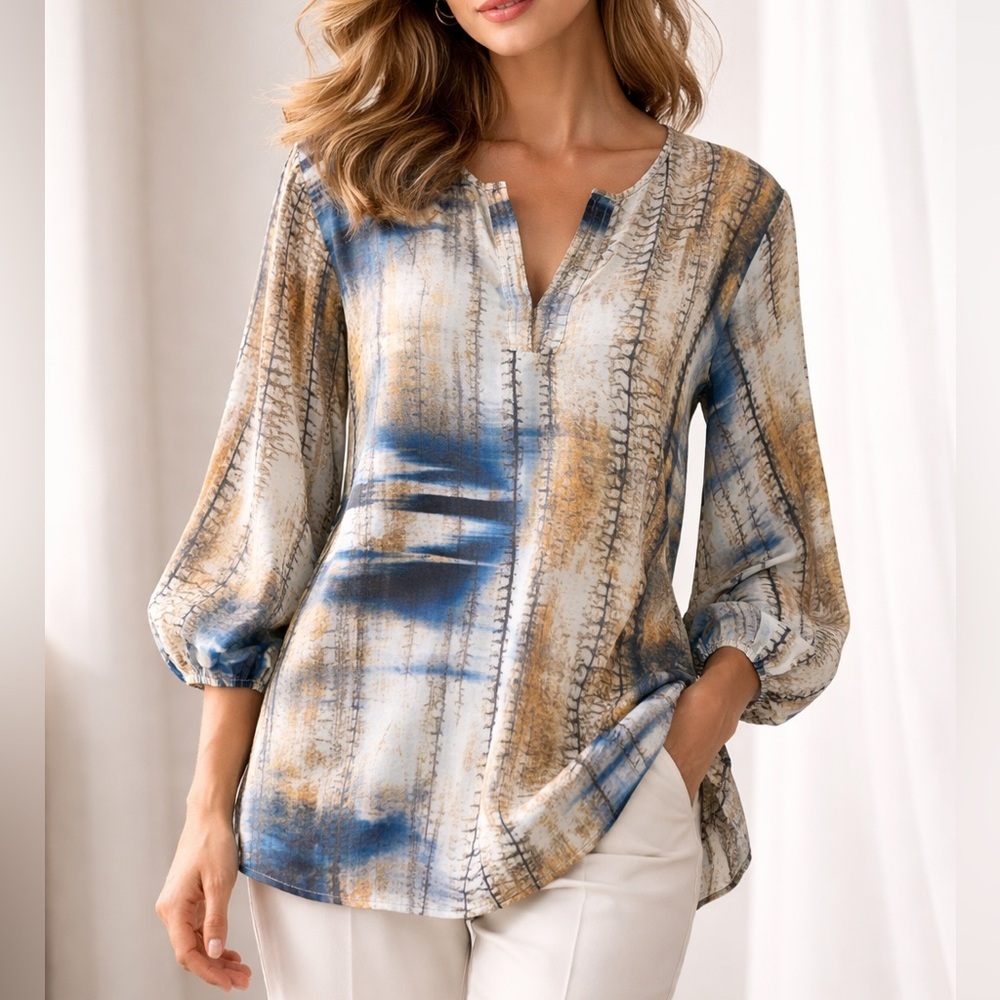 Tianello Blue Abstract Silk Tunic Blouse Large Boho Flowy USA Made